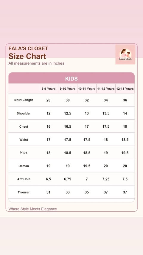Kids size chart for Fala's Closet